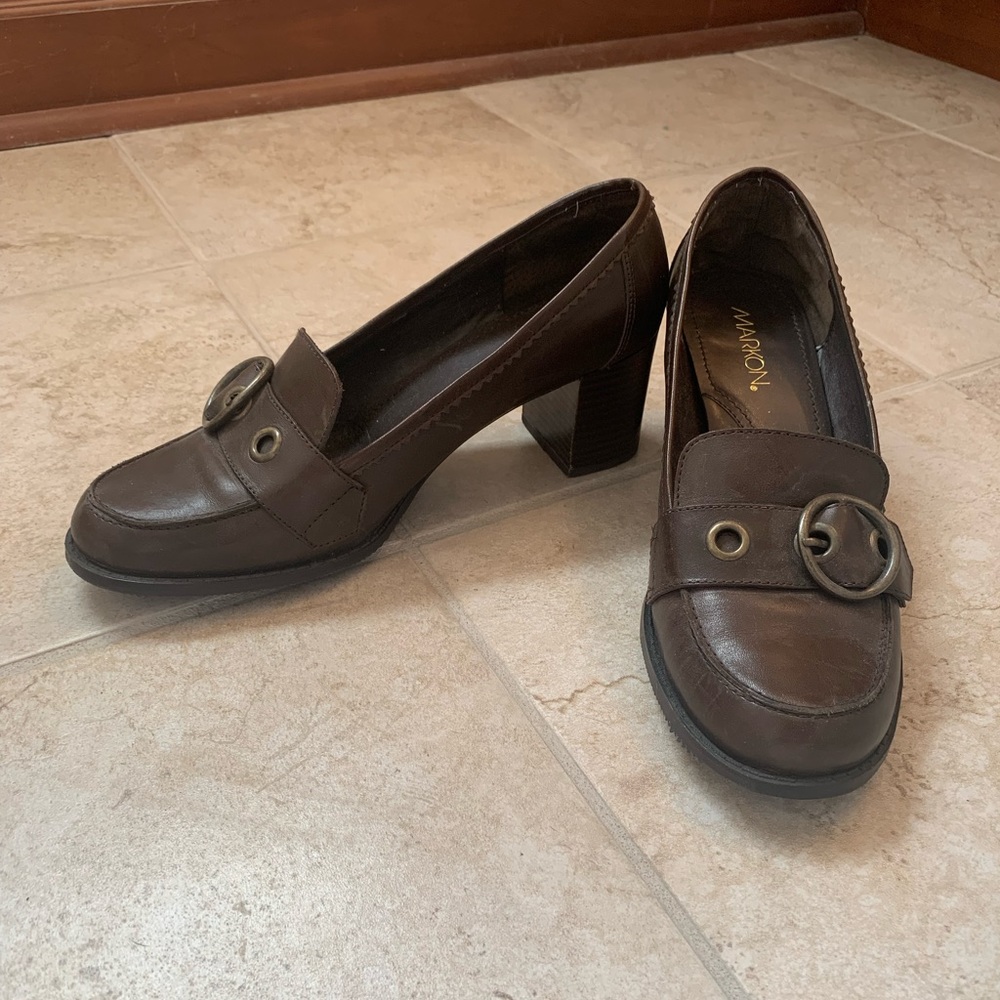 Brown Heeled Loafers, Size 10